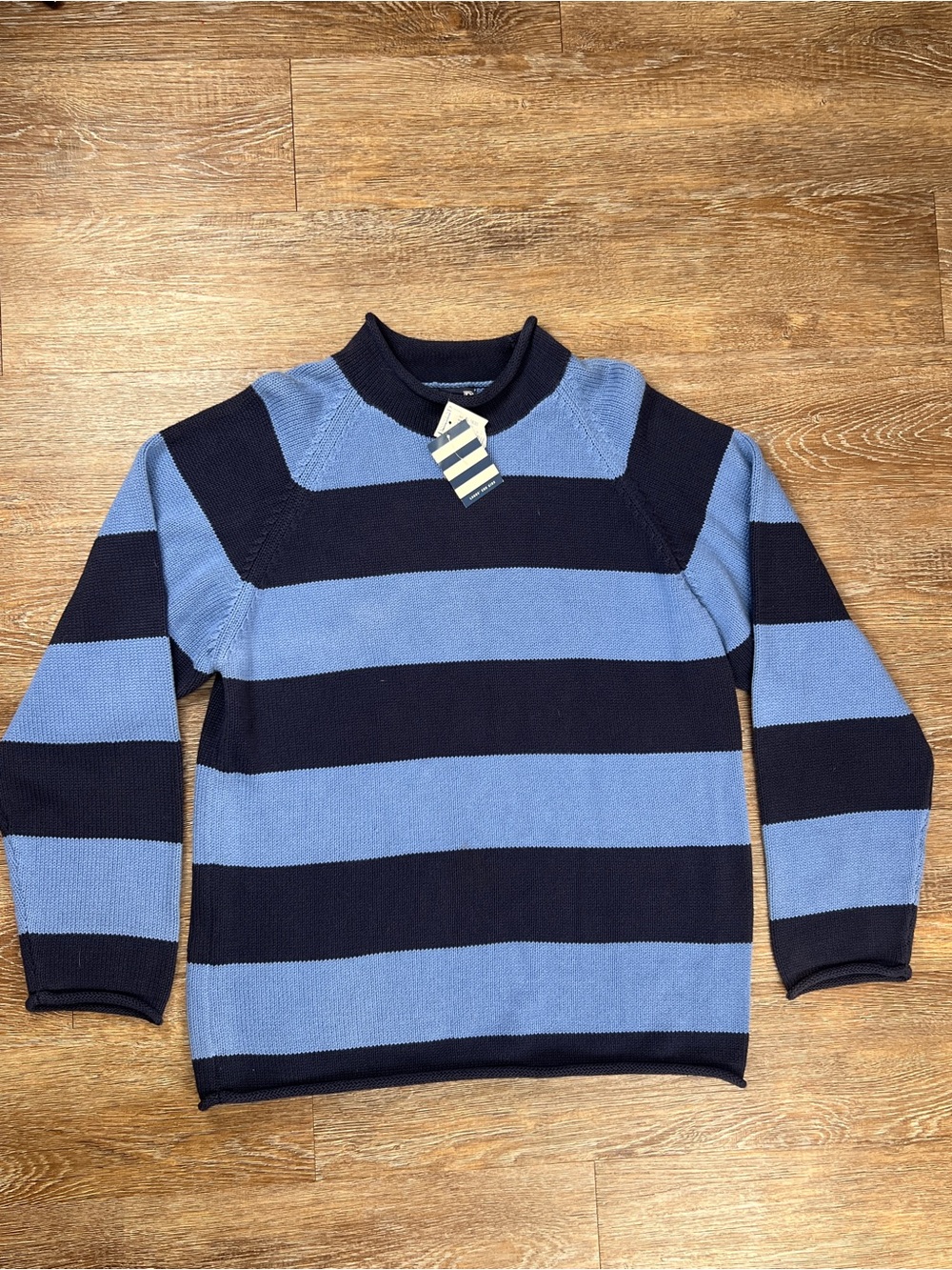 Lands’ End Kids Striped Sweater Navy Light Blue Mock Neck NWT | Size: XL